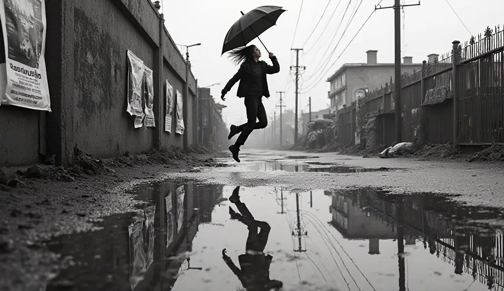 A black and white photograph captures the exact moment a person jumps over a large puddle of water, holding an umbrella that the wind has distorted. The person's reflection is visible in the water below, creating an interesting and dynamic visual compositi...