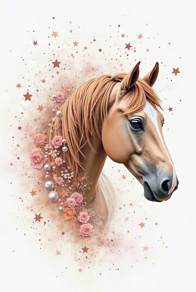 3d, Dessin au crayon, white background, shades of brown ,  light pink and taupe, filaments graphiques et abstraits, Haute définition, ajouter au centre a horse
, ornements pearls and stars en parfaite harmonie avec l'ensemble de l'image