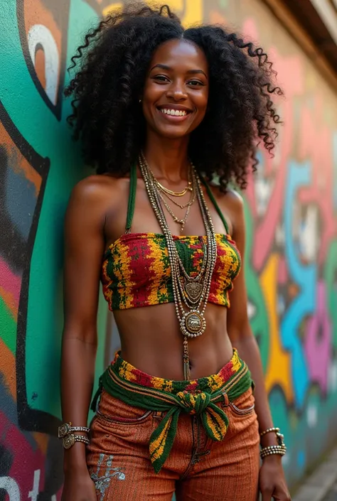 Image of a full-bodied black woman wearing reggae clothing on a graffiti wall 