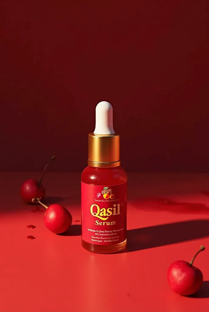 Illustrate an image showing a bottle of Qasil Serum placed on a red surface. The bottle has a dropper cap with a white rubber top and a golden collar. The label on the bottle is red with the text "Qasil Serum" written in yellow and white. Above the text, t...