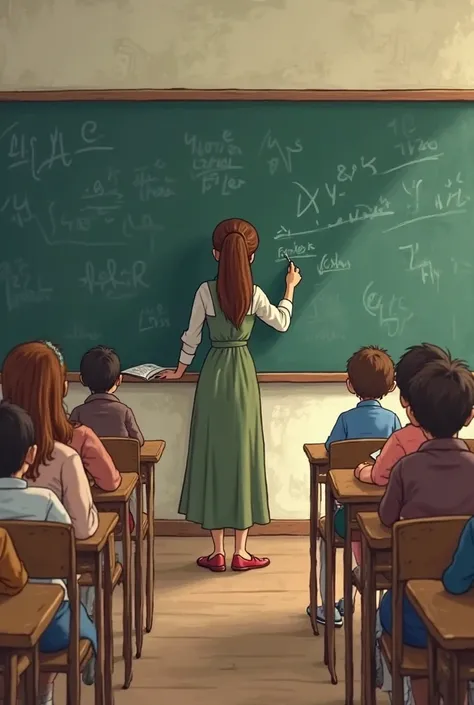 A picture of a female teacher wearing a long dress writing but the blackboard is a cartoon explaining in a large class and the trips are full of students. A desk is on the blackboard. The teacher was almost a clear messenger with the picture and the studen...