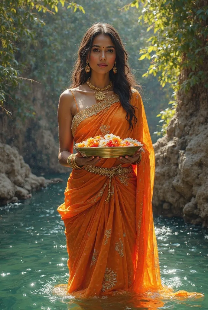 

Prompt:
Create a stunning oil painting featuring a radiant portrait of an Indian woman. She wears an orange dress that embodies her beauty and innocence, with intricate patterns, vibrant hues & adorned with gold jewelry. She stands gracefully amidst wate...