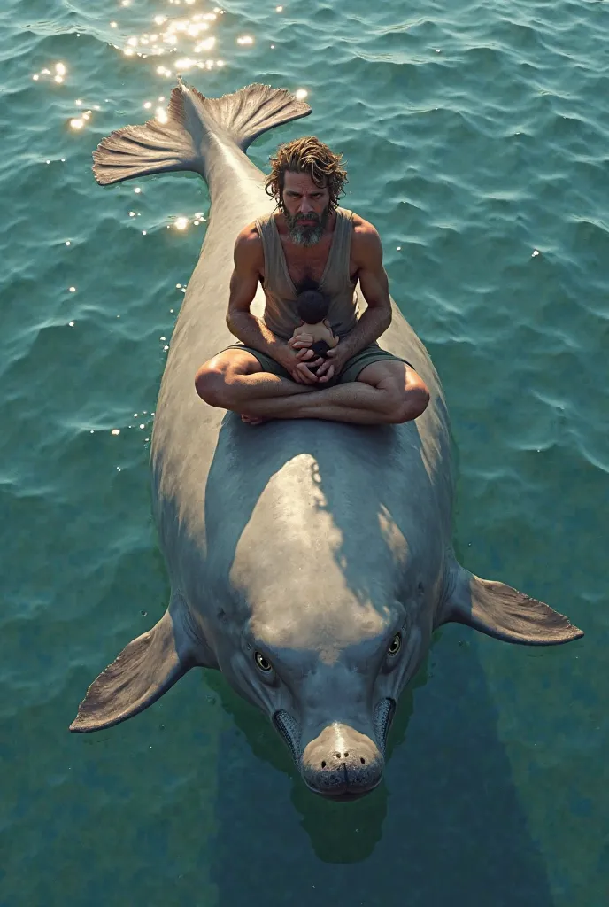 Machinist Lucas floats on a porpoise with a black baby 