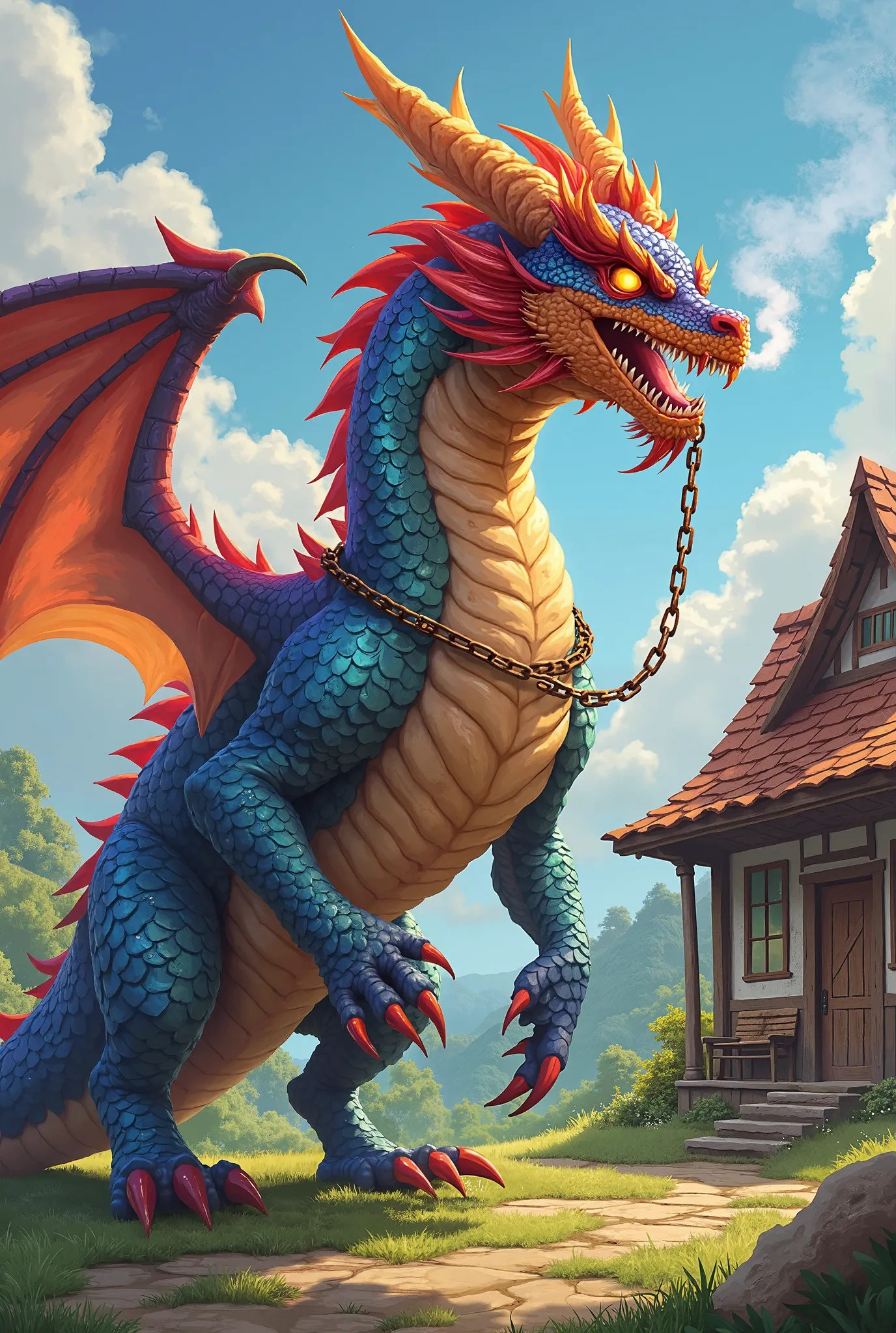 Image of a Pet dragon tied outside a house which is fierce and dazzling and powerful 