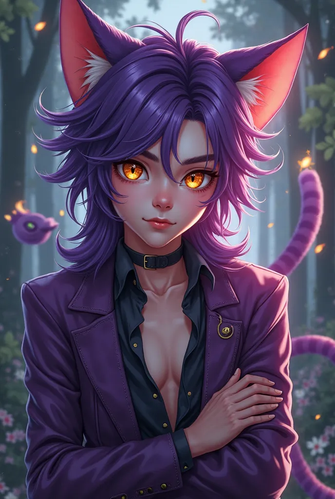 Generate digital art-style images of a boy between 20-26 years old, inspired by the cheesire cat from Alice in Wonderland, long, disheveled purple hair, eyes one orange the other gold, sexy pose