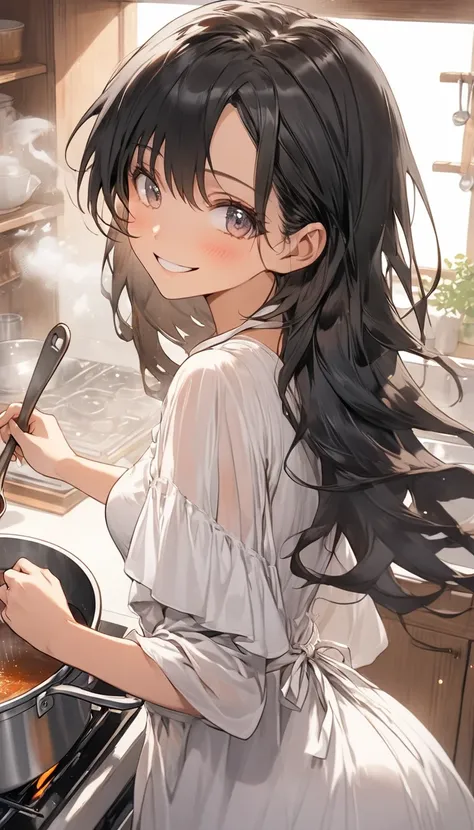 "An anime-style black-haired girl with semi-long hair, wearing a white one-piece dress, opens the lid of the pot, and a soft cloud of steam rises. She smiles happily, enjoying the delicious aroma. The background is a warm and homey kitchen."