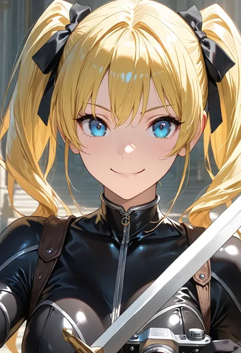 (masterpiece, best quality, very beautiful, very detailed), 1 girl, yellow hair in twin tails, black ribbon barrette, blue eyes, black bodysuit, holding sword, looking at camera, face close-up, smiling