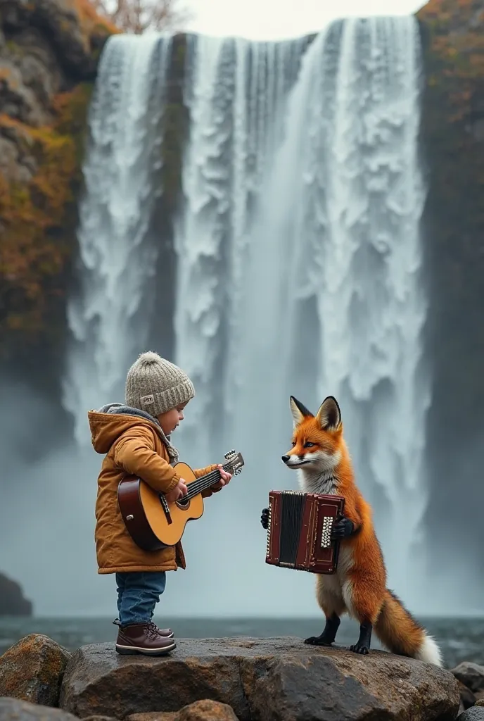 Here’s an English prompt to match the same waterfall setting as before:

“A highly realistic photograph captures a charming baby and a fox standing on a rock at the foot of the same massive waterfall from the previous scene. The baby, incredibly cute, is p...