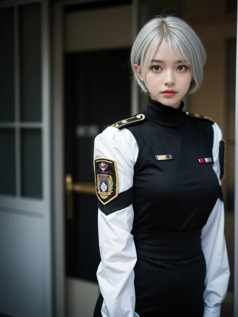 {{{silver hair}}},{{silver eyes}}},{{{blunt bangs}}},short bob,(slant eyes},22 years old,army,one girl,16k,{{{black clothes}}}, {{battlesuit}},{{military uniform}},{{cyberpunk}},{{{masterpiece}}}, {{{best quality}}}, {{ultra-detailed}}, {{an extremely deli...