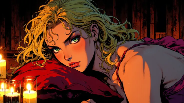  masterpiece, 8K cinematic comic style by Bernie Wrightson and Mike Mignola, eleven. angle: Extreme close-up — Reflection of candles in green eyes, lips parted in a silent invitation)

Nyssa is a mirage of desire. Lying on velvet cushions on the mezzanine ...