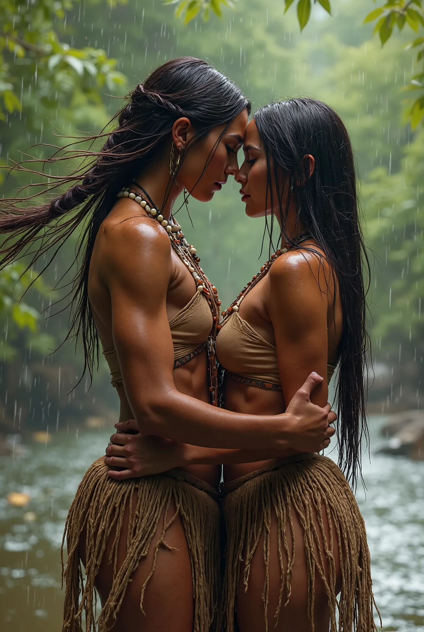 A 19-year-old native beautiful Apache woman with tanned skin and a 20-year-old Apache. Both are dressed in very wet traditional sexy Apache attire., big breasts, her long wet dark brown hair blowing in the wind as they kiss passional. professional photogra...