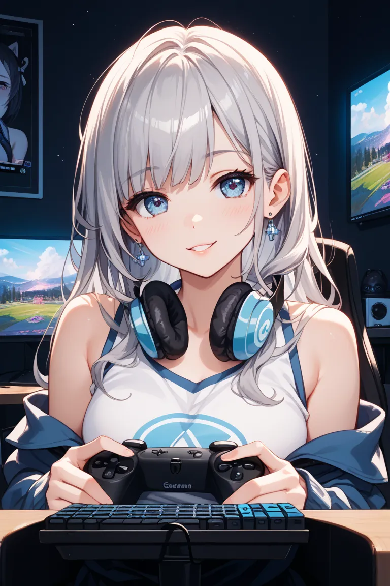 cute gray hair long hair half up gamer hikikomori