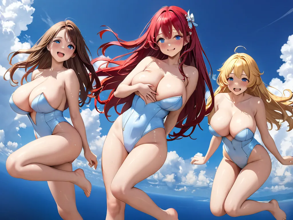 masterpiece,ultra-detailed,disheveled hair,(3 girls), extra long red straight hair, twintail pink hair, blonde short wavy hair,blue eyes, extra large breasts, nsfw, white leotard, girly pose, barefoot, bright red hair, masturbation, rub breast,rub crotch, ...