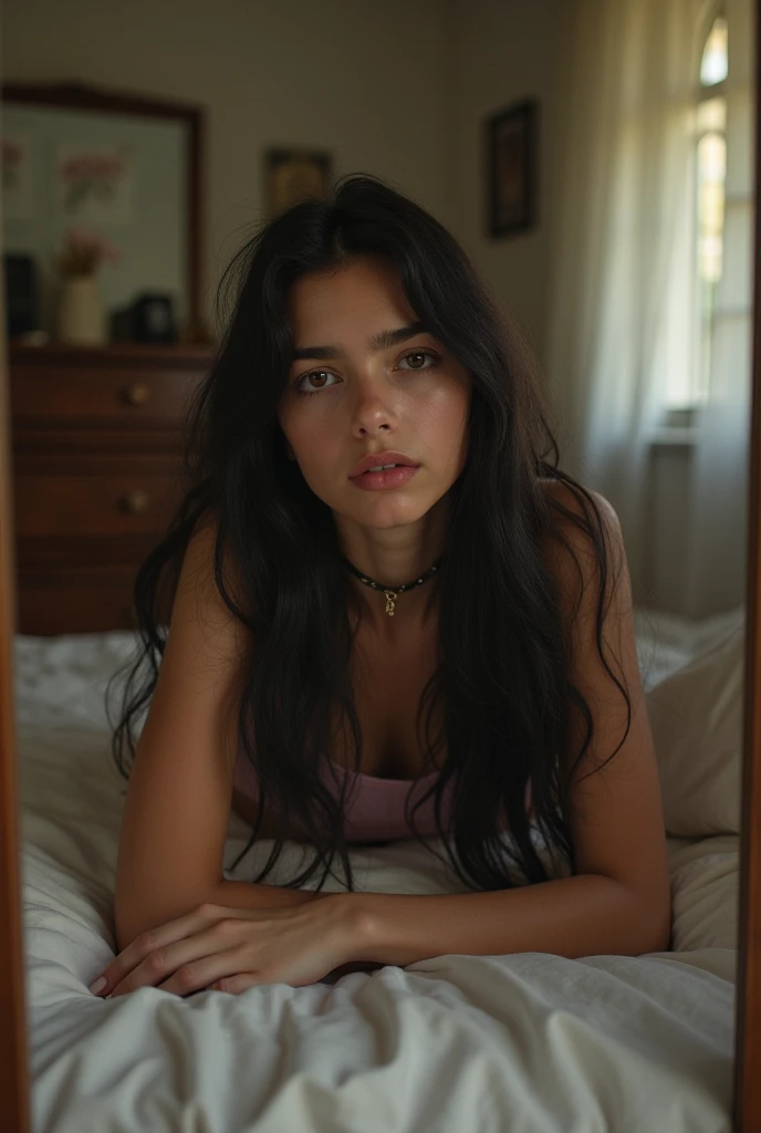 A 17-year-old girl with long black hair, white skin and brown eyes.,  Brazilian, sitting on the bed taking a picture in the mirror 