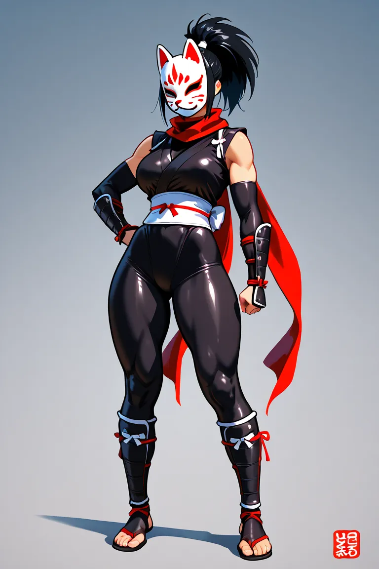 ninjaหญิงใน Tight Set  ,  1 , black hair,  ponytail,  ,  big, high thighs, ninja,  Tight Set  ,   Fox Mask  ,  team high resolution, โมเดล team high resolution, Precise, quality, look,, Cauça,camel foot 