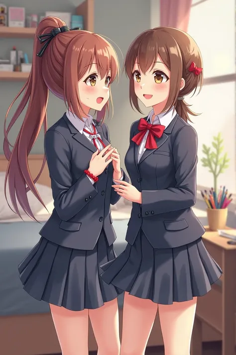 2 girls, full portrait, anime style, getting ready for school 