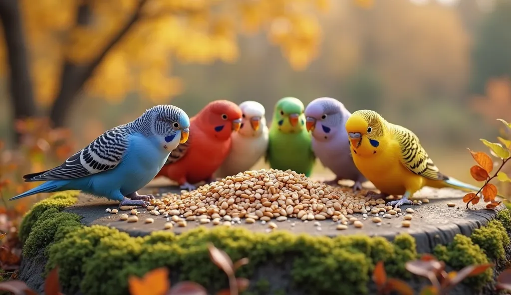 A group of six colorful budgies with realistic feather colors, including blue, red, white, yellow, green, and purple, gathered on a moss-covered rock in a serene autumn landscape. The budgies are prominently featured, appearing closer and slightly larger, ...