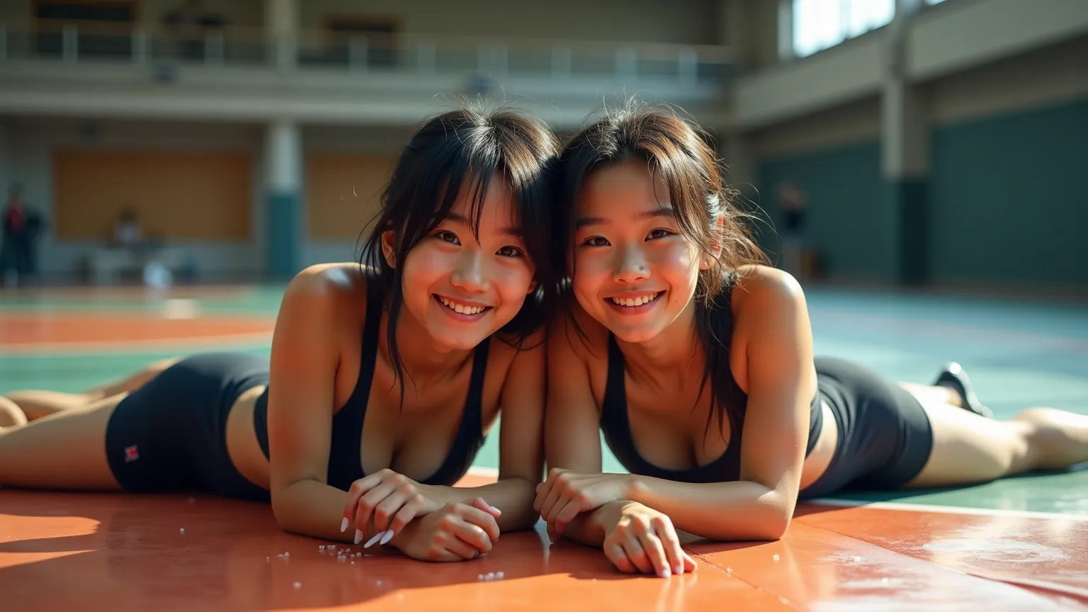 two  japans, beautiful japan women wearing sports bras and shorts,  sitting on ground,  resting after wrestling match. smiling, in gymnasium. photograph