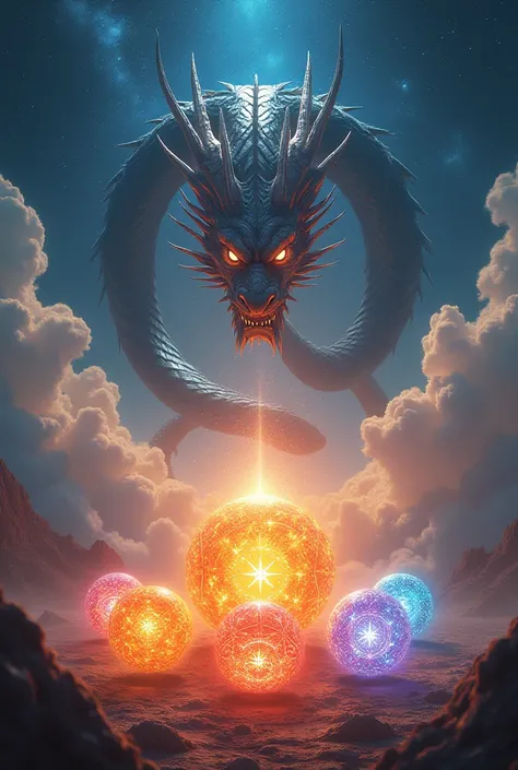 Create image of the 7 Dragon Spheres and the Shenlong 