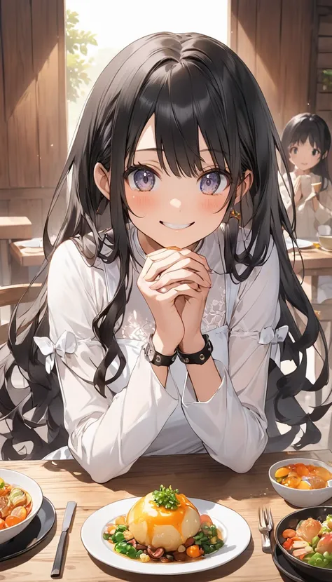 "An anime-style black-haired girl with semi-long hair, wearing a white one-piece dress, sits at a wooden dining table with a warm smile. She clasps her hands together and says ‘Itadakimasu!’ before eating. The background includes a neatly arranged meal on ...