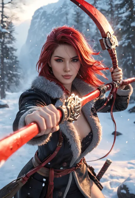 Huntress Girl Holding a Rifle in a Snowfight Pose, oriental,Blade and Soul, ink style , long red hair,Leather and fur coats,cold, artwork,3d,4K,exhaustive,realistic,HIGH QUALITY,High Resolution,Highly Detailed,極端なexhaustive,professional,vivid color,Bokeh, ...