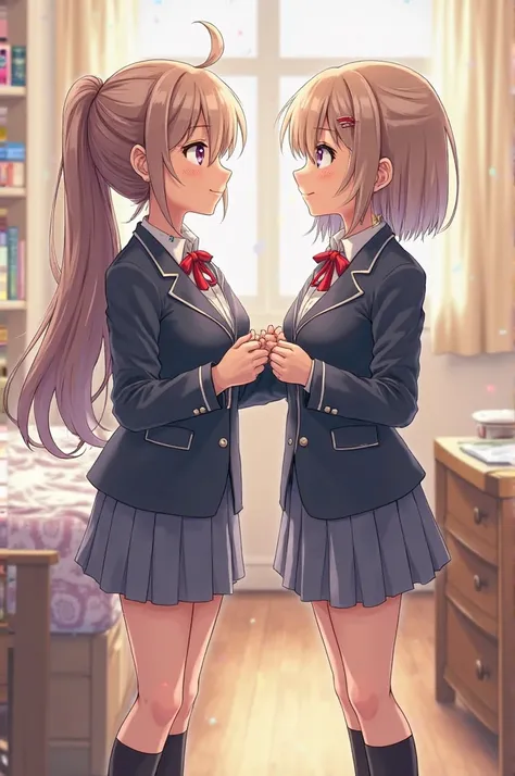 2 girls, full portrait, anime style, getting ready for school 