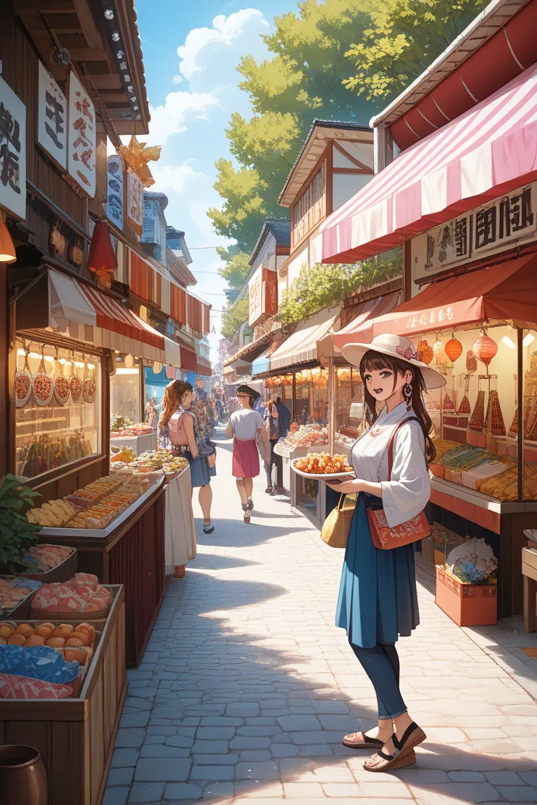 A bustling Japanese street market, filled with colorful stalls and delicious food.