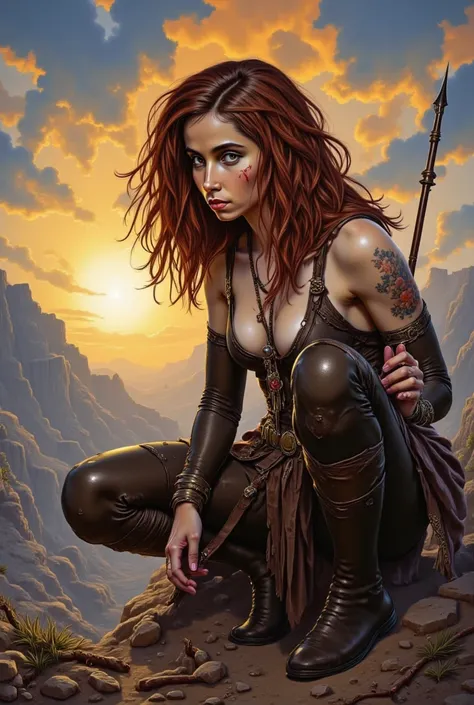  create a white woman  , Tune, Big dark red curly hair,  black eyes , she is holding a spear, The spear is shining with a reddish light, there's a vertical cut in her neck, black eyeliner, around her eyes are deep and black, Her body all bruised and cut, S...