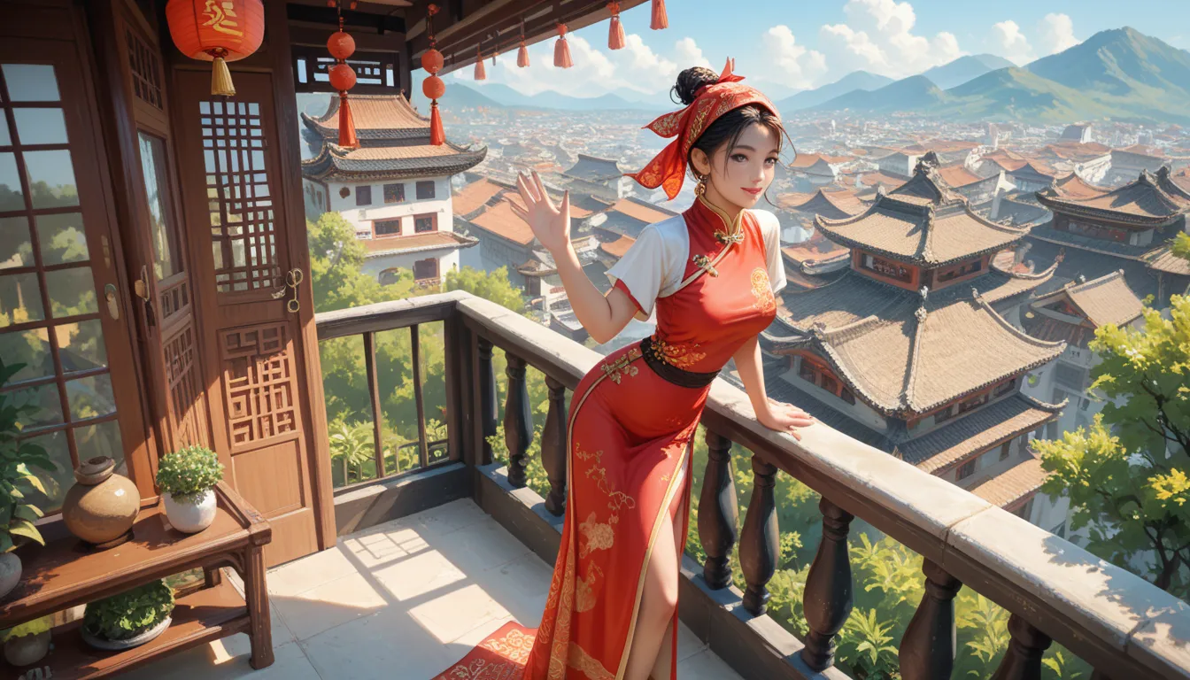 balcony view, girls are standing on the balcony, waving their handkerchiefs, handkerchief, clothes are fluttering, ancient Chinese style, traditional Chinese clothes