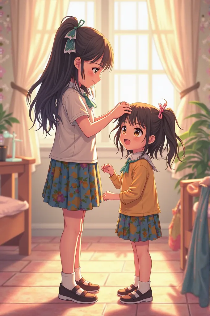 2 sisters, full portrait, anime style, getting ready for school 