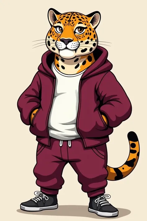 Full body cartoon Jaguar with wine-colored sweatshirt and white t-shirt and wine pants