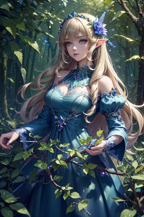 ((masterpiece)),((top quality)),(( high detail)), photorealistic, Adult elf woman, Sapphire Eyes, upper body, Delicate decoration dress, Beautiful hair ornaments, wave blond hair, Lots of little gems, Pastel color, Magical World, night, green forest, color...