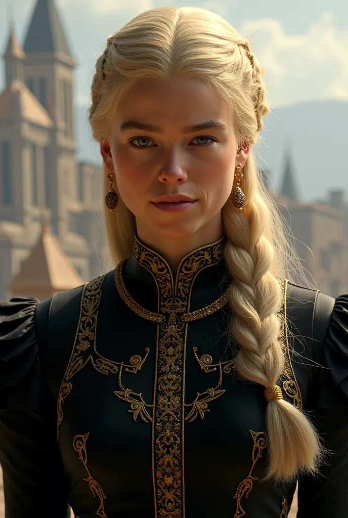 Milly Alcock, gold blonde royal braid, black valyrian noble dress with gold lined details, in the background the city of Neo Valyria 