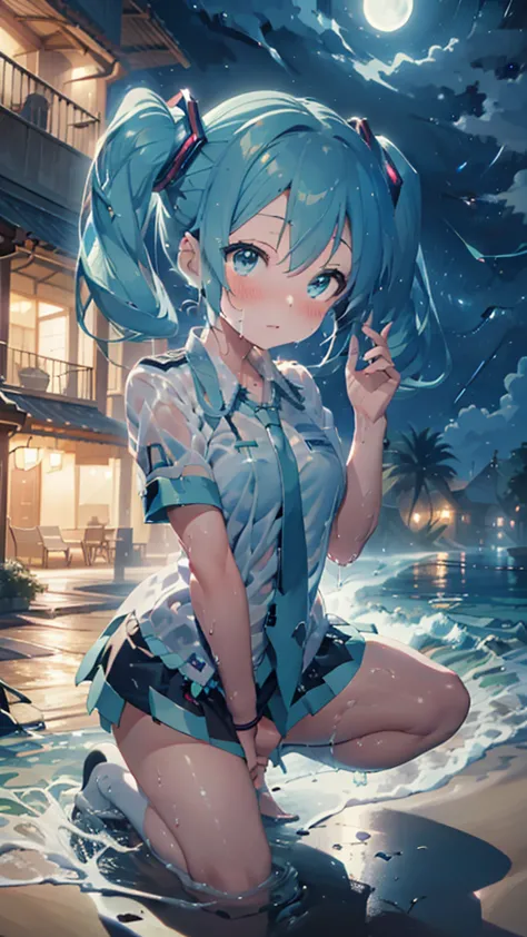 (Masterpiece,Best Quality,ultra-detail,Best Shadows,Perfect composition),(portrait:1.5),above front view,(solo:1.5),very cute girl,(Hatsune Miku,sorked hair,light blue twin-tails hair:1.5),very cute face,beautiful big eyes,shy face,blushing,whole body is w...