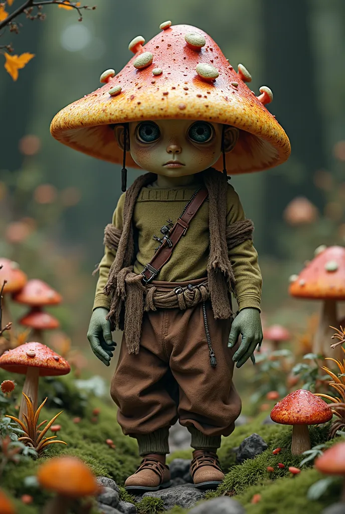 a realistic game character, a hybrid of mushroom and human, wearing an old rug clothes, loosen brown pant and jungle bamboo shoe. background is colorful mushrooms on ground and dark back. 