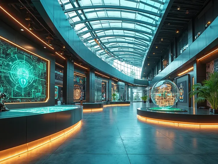 High-tech European innovation hub, seamlessly integrating artificial intelligence, robotics, quantum computing, and mixed reality in a sophisticated open space. The architecture is sleek and futuristic, featuring a curved glass ceiling that lets in natural...