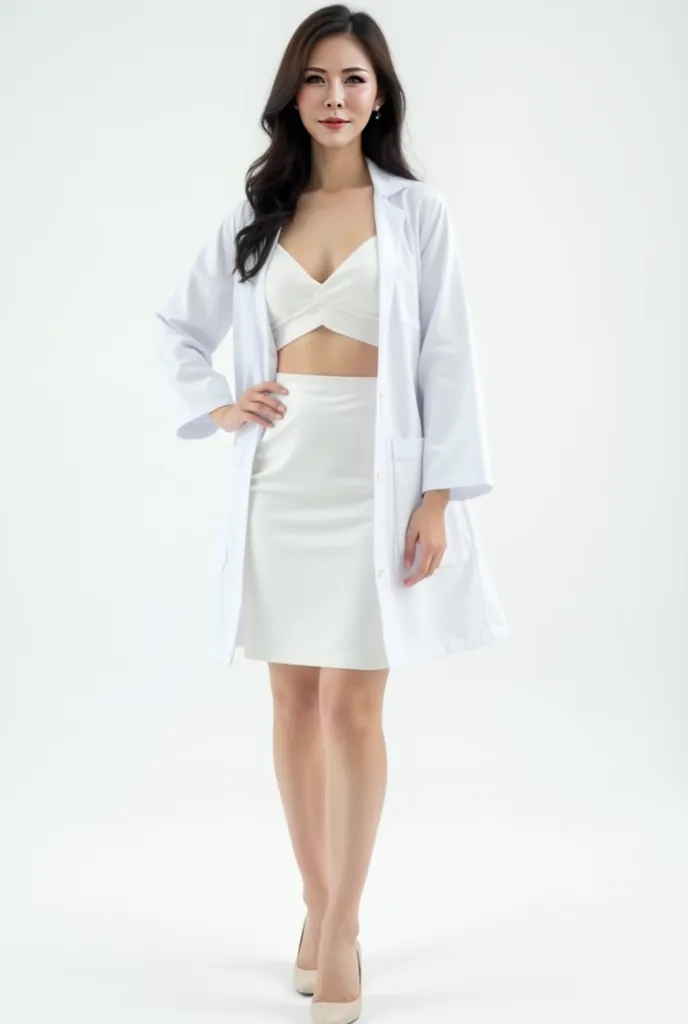 Full body shot, wearing a knee-length dress, cut-out waist, original face and hair, front view, white dress, Asian white skin, right hand on waist. Sexy but neat. All white background. She is a doctor. Wearing a white jacket over it.