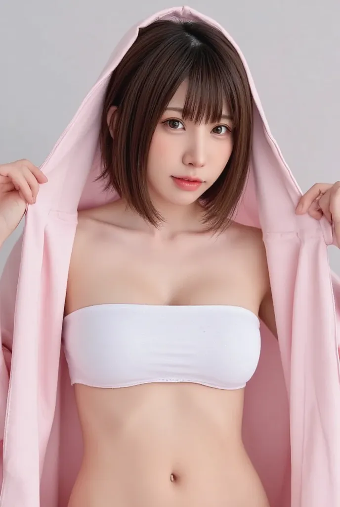  Streamer sitting with legs open in pink gaming chair 、full bodyポートレート、 Shot at random angles 、(( opens her hoodie with both hands to show のf her white strapless tube top))、Slender, small-breasted model ,  short hair, very  short hair, 超High Resolution, ma...