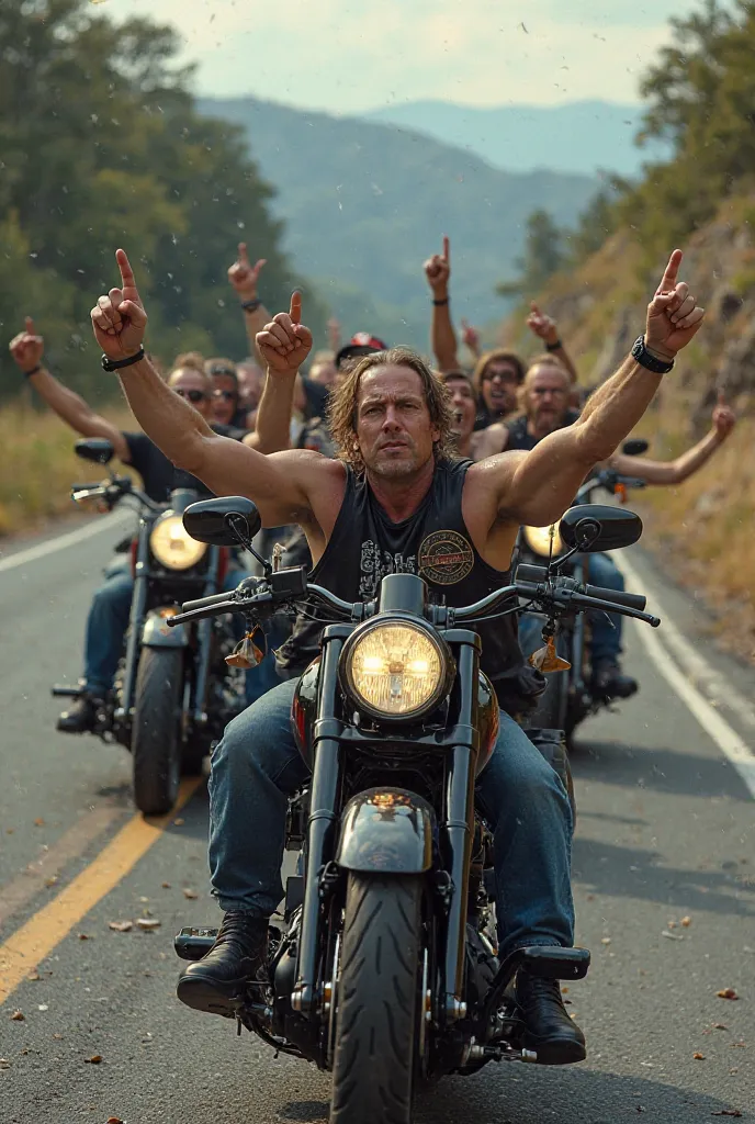 Generate a motorcycle club train atop Harley-Davidson traveling on a road they are all on their backs with their index finger pointed at the sky they are all wearing a black vest