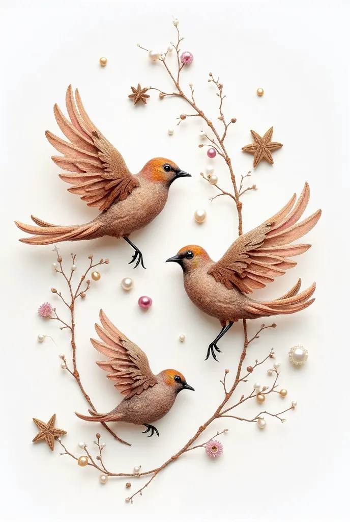 3d, Dessin au crayon, white background, shades of brown ,  light pink and taupe, filaments graphiques et abstraits, Haute définition, ajouter au centre birds
, ornements pearls and stars en parfaite harmonie avec l'ensemble de l'image