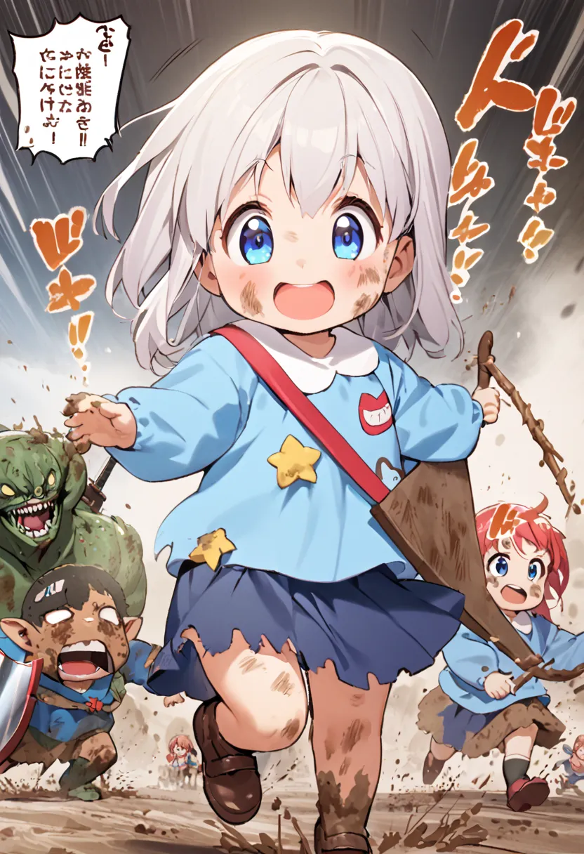 absurd, ５Year old, Kindergarten Mom Clothes, blue smock,  dark blue skirt ,  cute, Sword and Shield,   Chambala, Fighting Girls ,  monster,   muddy, battlefield, dirty, Lively, fun,   best smile, Tornスモック, Torn,  muddyのスモック, Mud sticks , best smudge,  mudd...