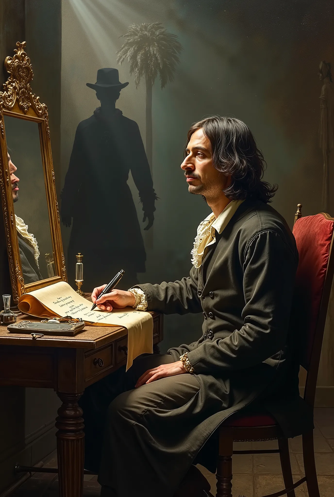 
A highly detailed, dramatic painting of René Descartes sitting alone in his dimly lit 17th-century study, deep in thought. His face shows skepticism and contemplation as he questions reality. Around him, surreal elements symbolize his doubts—his reflectio...