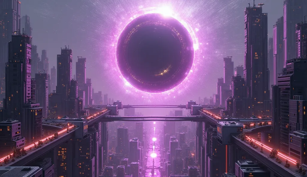 A black-hole-inspired reactor floats at the city’s heart, encased in violet containment fields. Buildings now phase-shift dynamically, blending deep purples with silver. Robotic swarms repair structures with nano-lasers.