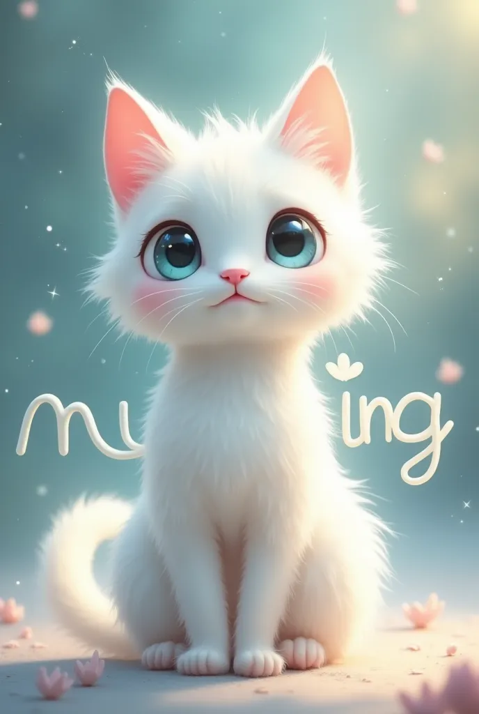 Animated white cat with ethereal background and a name "MUNING" behind