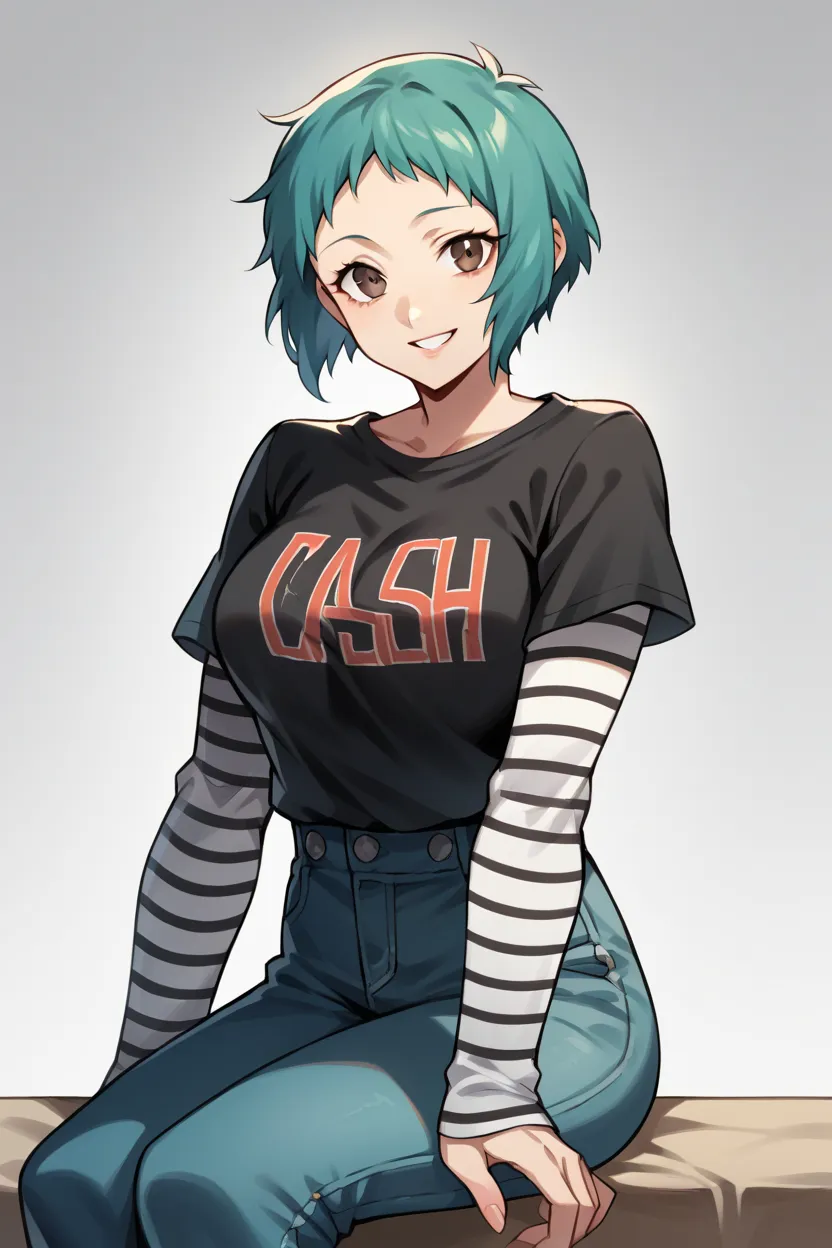 1 girl, solo, black short sleeve t-shirt, layered sleeves, white long sleeves, jeans, Fuuka Yamagishi, teal hair, brown eyes, black t-shirt over white long sleeves, large breasts, confident smile, striped sleeves, black and white stripes,