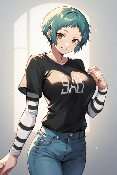 1 girl, solo, black short sleeve t-shirt, layered sleeves, white long sleeves, jeans, Fuuka Yamagishi, teal hair, brown eyes, black t-shirt over white long sleeves, large breasts, confident smile, striped sleeves, black and white stripes,