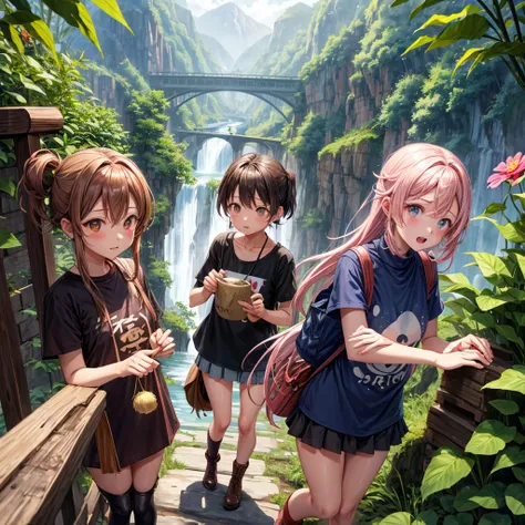 pink brown brown gold hair、 eye、  Has hair tied  、Two cute people、 check miniskirt、  black t-shirt、 Light clothing、 tank top、 camisole、high socks、 Boots、 teeth inside、  The Road Is Crooked 、Mountain々、Stick together  、 bamboo forest、 chest pocket  、rock sal...