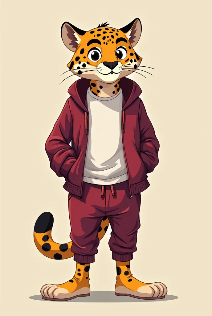 Full body cartoon age jaguar with wine-colored sweatshirt and white t-shirt and wine pants showing hands