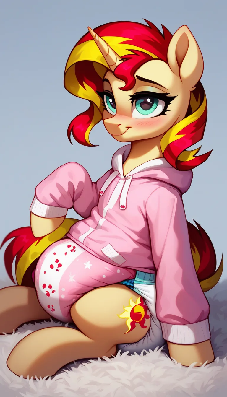 pony unicorn alone , Sunset Shimmer, adult mare, red mane with a yellow strand, mint eyes , sitting on the carpet, red tail with a yellow strand, dressed in pink onesie, thick diaper under her clothes, disturbance, pink blush on cheeks, solo, simple backgr...