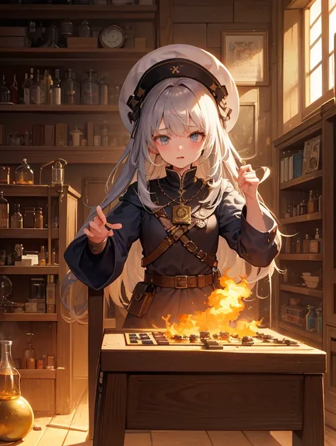 An anime-style illustration of a young female apprentice alchemist, inspired by the board game "Quacks of Quedlinburg" (Quacksalber). She has a panicked expression as smoke rises from a bubbling cauldron, indicating a failed experiment. She wears medieval ...